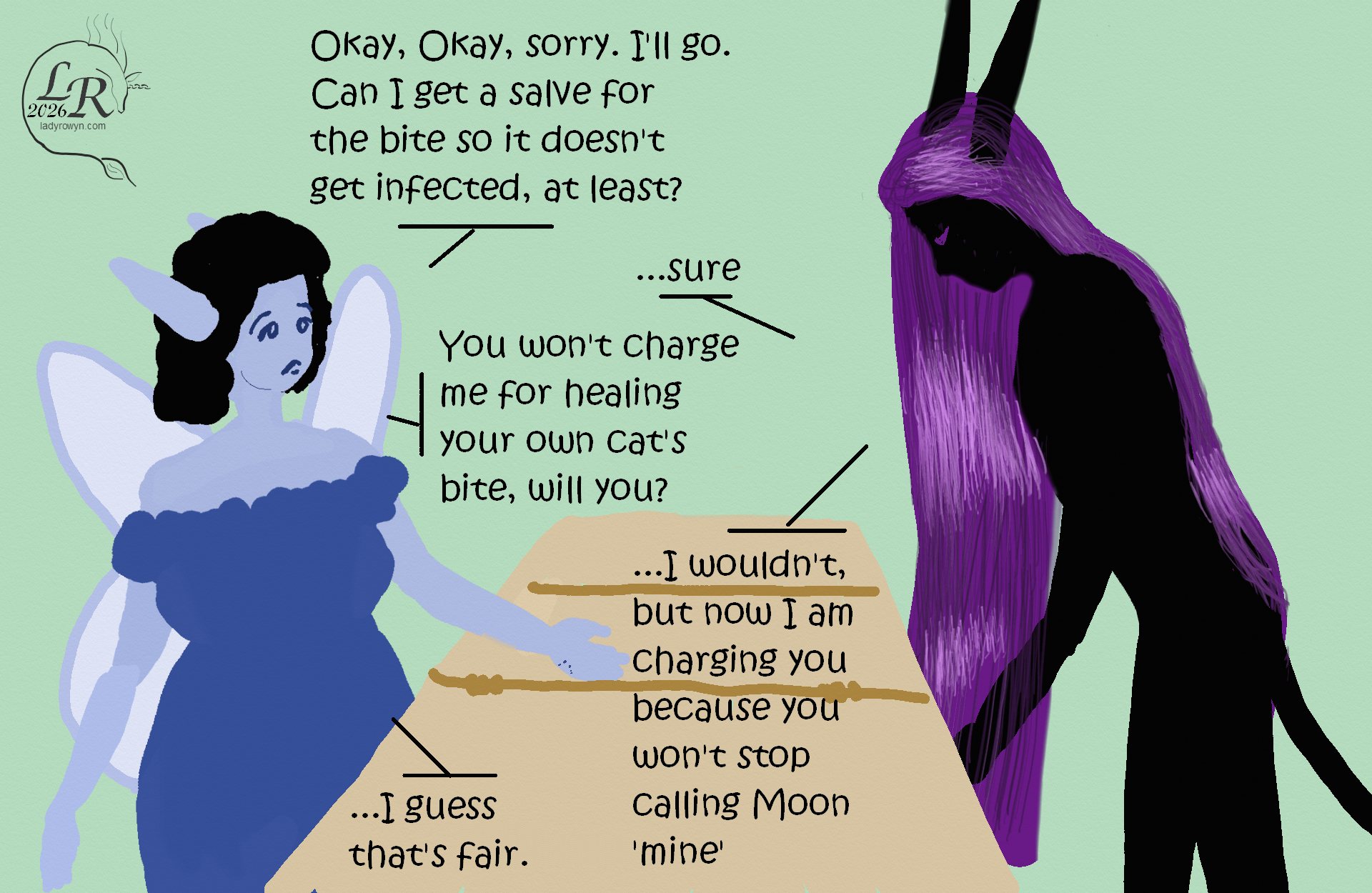 Simple colored drawing of two figures talking across a counter, in profile to the viewer. Zhenshay, a reflectionless black figure with horns, a tail, and long purple hair, and a feminine person with light blue skin, long ears, and wings, wearing a dark blue dress with frills. There's barely-visibly bite marks on her hand.

Blue woman: 